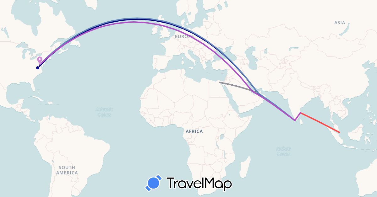 TravelMap itinerary: driving, plane, cycling, train, hiking in United Arab Emirates, Egypt, India, Qatar, Singapore, United States (Africa, Asia, North America)